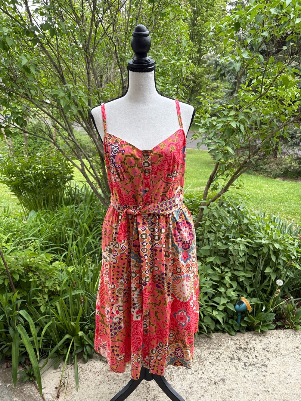 Size 10, 100% COTTON J. Crew Pink Patterned Midi Sundress with Waist Tie